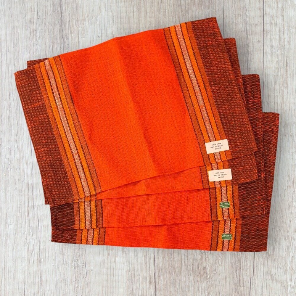 Vintage Irish Linen Placemats Set of 4 Orange Brown Woven Made in Ireland NEW